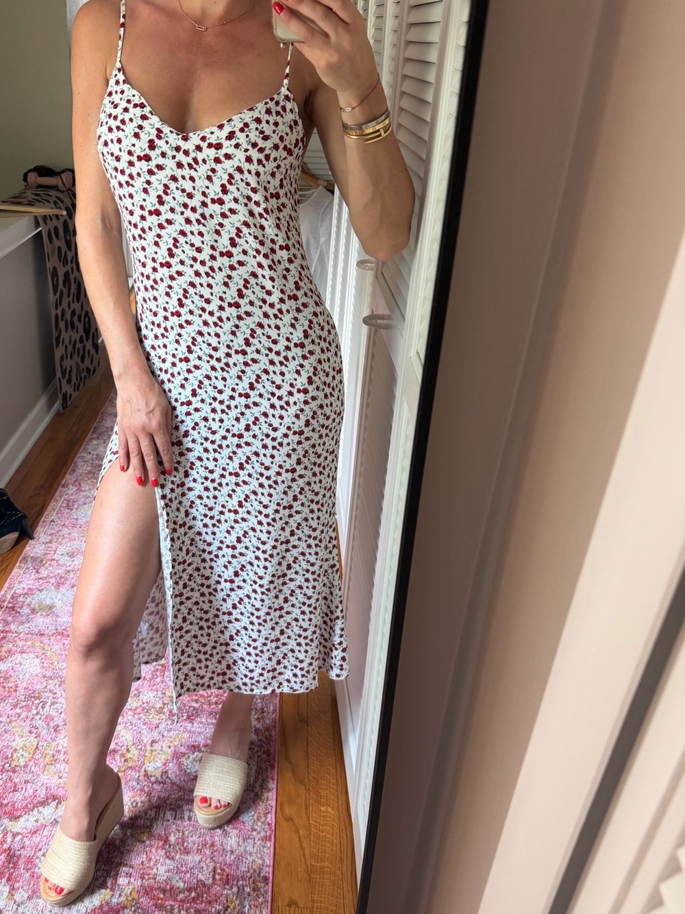 Reformation White Slip Midi Dress with Red Floral Print